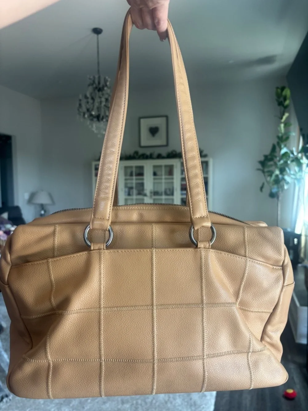 CHANEL VINTAGE Logo Bar East West Tote Beige Caviar Silver HW 9 series AUTH